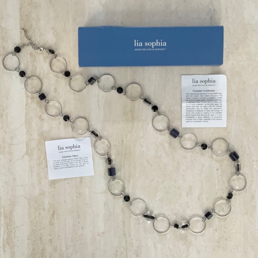 Vintage Lia Sophia Onyx & Goldstone Moondust Necklace Black Silver